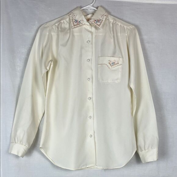 Source Unknown Tops - Vintage 1950 Laura Mae Cream Blouse with Embroidered Flowers
